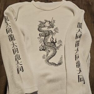 NWOT YMLA Dragon Skateboard Waffle Knit Long Sleeve Shirt Men Large White Black